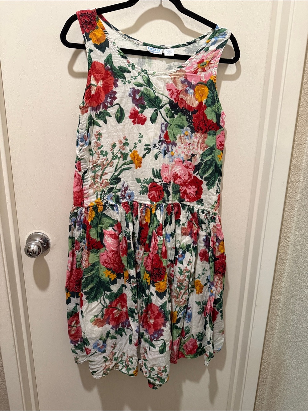 La Cera Floral Sleeveless Casual Dress - White with Multi-Color Blooms